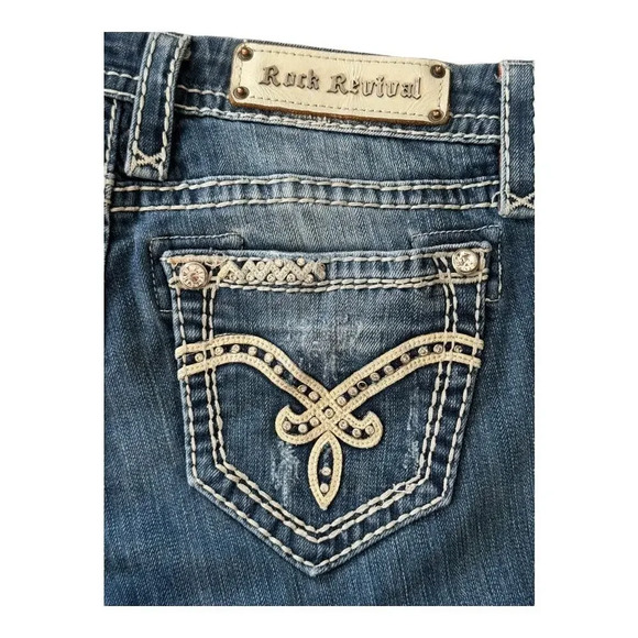 Rock Revival Women's Irene Easy Bootcut Jeans Size 6 (28)Blue Distressed Stretch - Picture 5 of 7